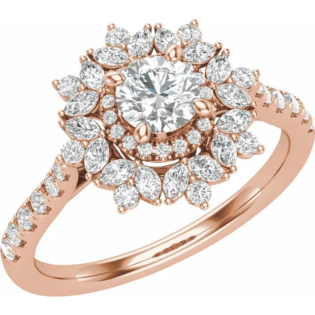 Round Diamond Floral Halo Engagement Ring