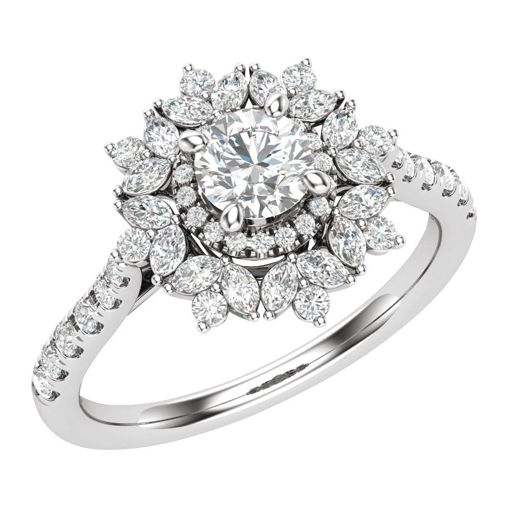 Round Diamond Floral Halo Engagement Ring